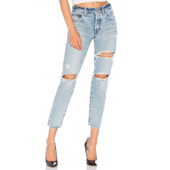 Revolve Moussy Straight Leg Distressed Blue Jeans - Picture 1 of 12